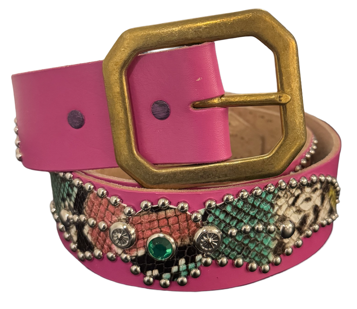 Studded 'Mulitcolor Snakeskin' Spider Gem Pink Leather Belt