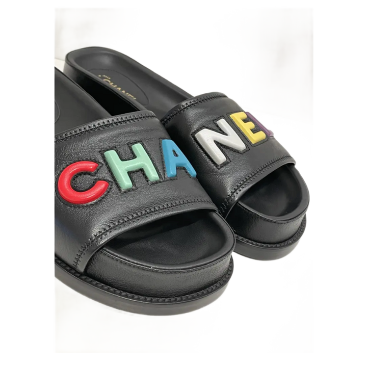 Chanel 22S 'CHA-NEL' Rainbow Logo Lambskin Mules