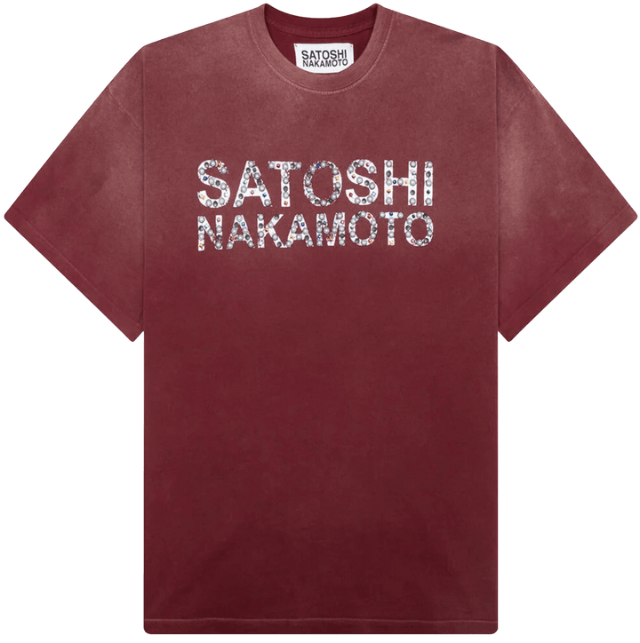 Satoshi Nakamoto 'Pearl Studded' Burgundy Logo Tee