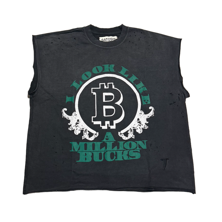 Satoshi Nakamoto 'Million Bucks' Washed Black Cutoff Tee
