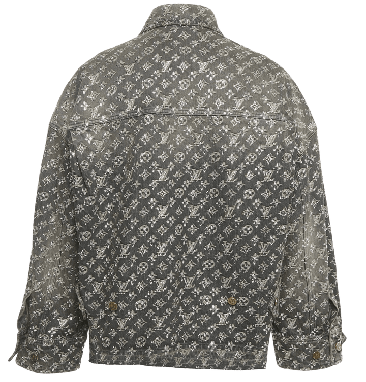 Louis Vuitton Grey Rhinestone Embellished Monogram Raw Edge Denim Jacket Runway