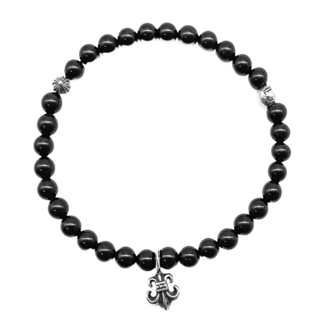 Chrome Hearts 'Obsidian Silver' Fleur Pendant 6mm Beaded Bracelet