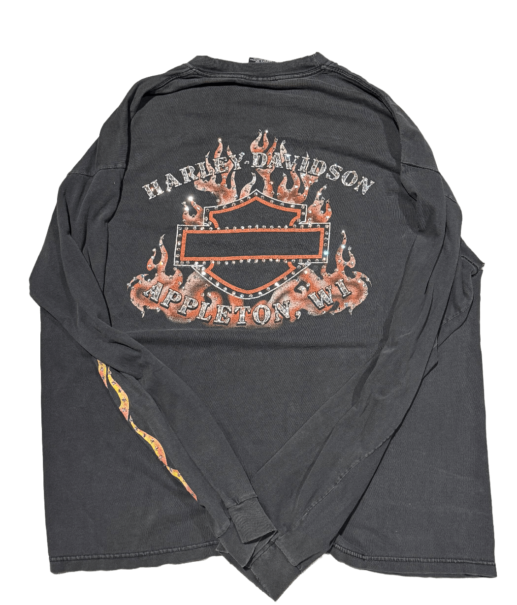Harley Davidson Rhinestone Black Vintage Longsleeve Appleton WI