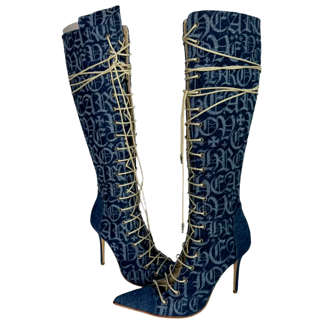 Chrome Hearts 'Denim Monogram' Lace Up Knee Boots