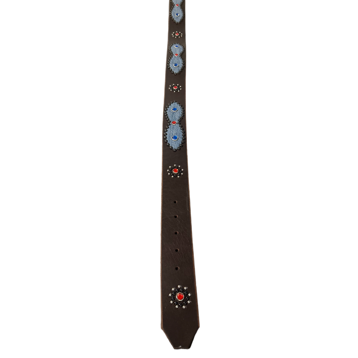 Studded 'Blue/Red Denim' Black Gem Leather Belt