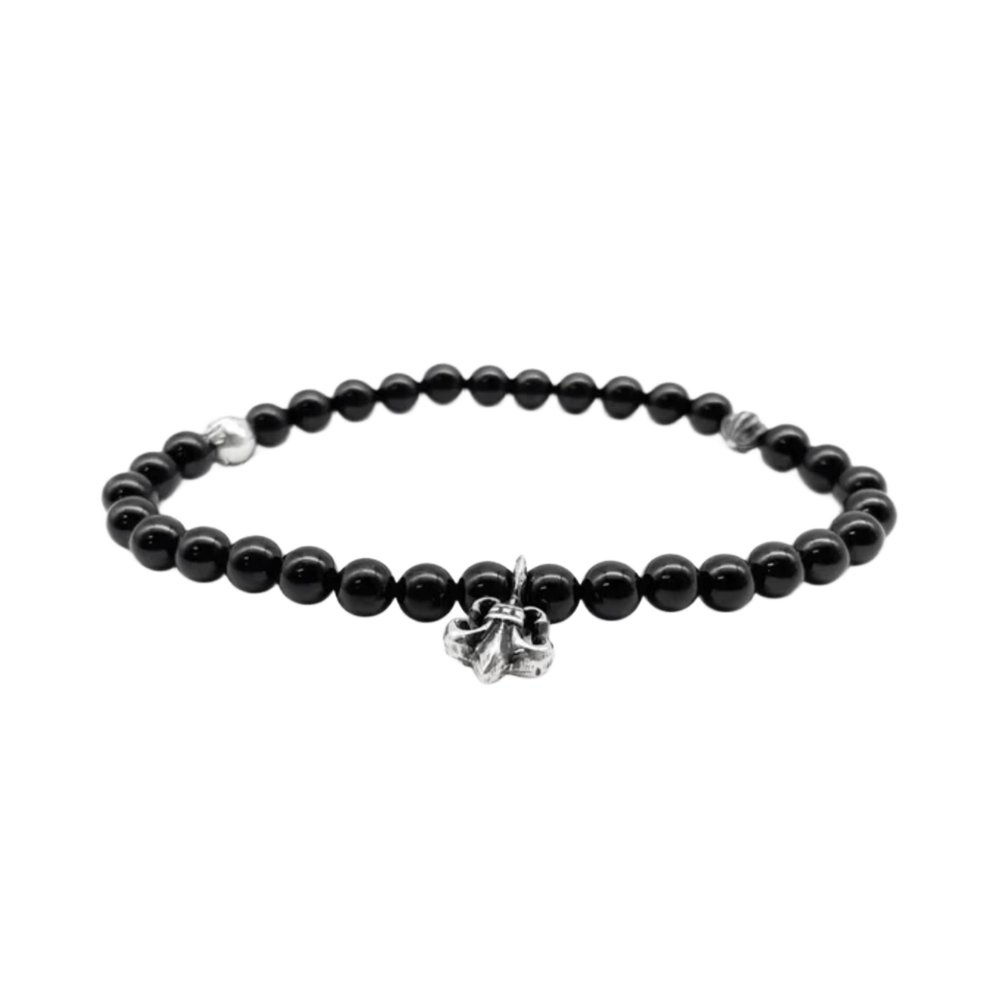 Chrome Hearts 'Obsidian Silver' Fleur Pendant 6mm Beaded Bracelet