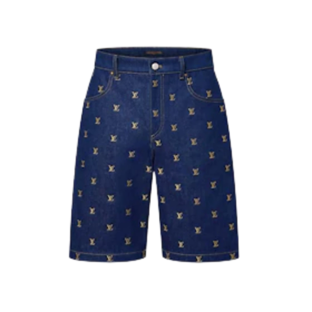 Louis Vuitton Embroidered Signature Denim Shorts Indigo