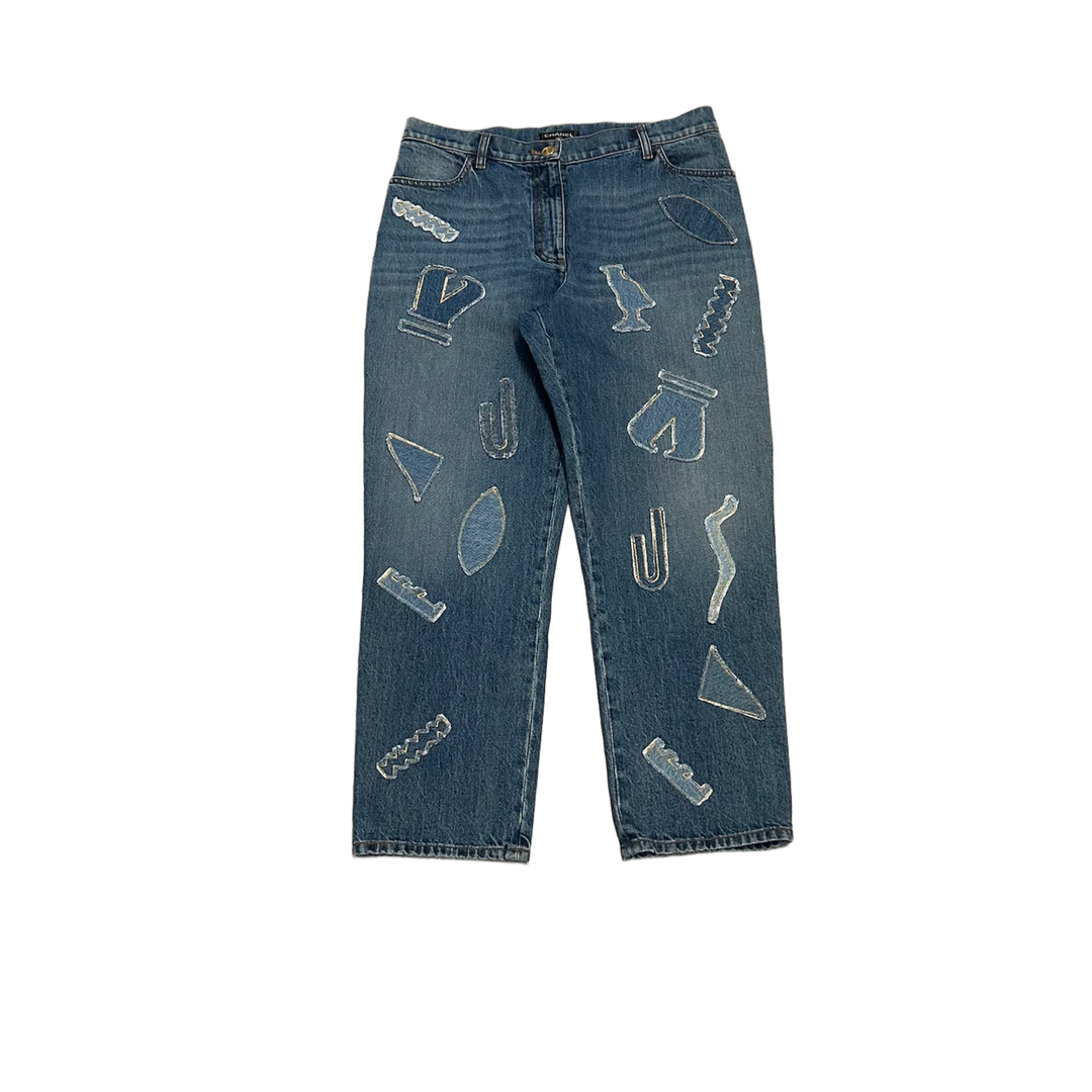 Chanel 'Blue' Embossed Egypt Patch Jeans
