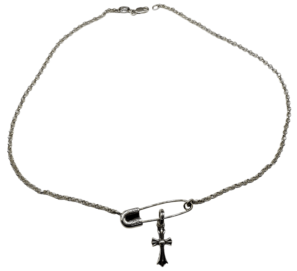 Chrome Hearts Silver 'Safety Pin and Diamond Cross' 15.5in Chain Necklace
