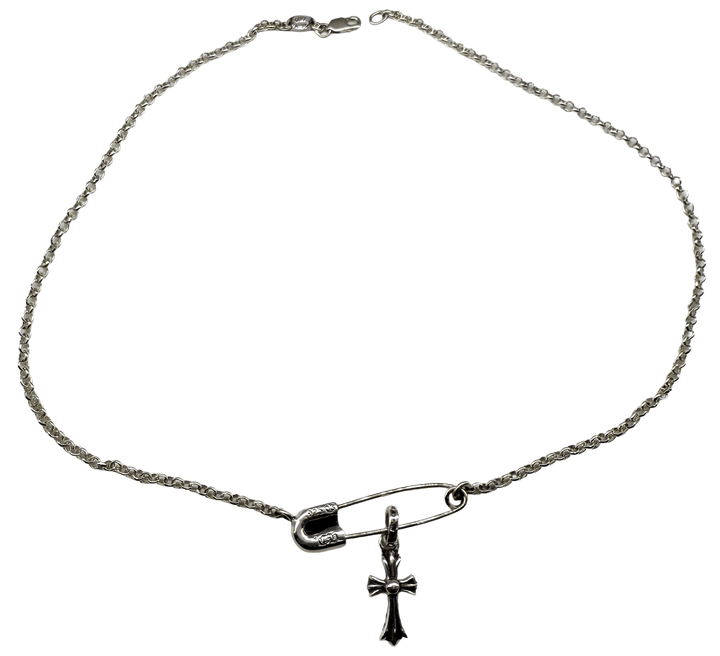 Chrome Hearts Silver 'Safety Pin and Diamond Cross' 15.5in Chain Necklace